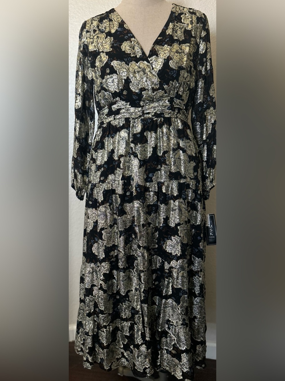 MSK Black & Gold Metallic Floral Maxi Dress